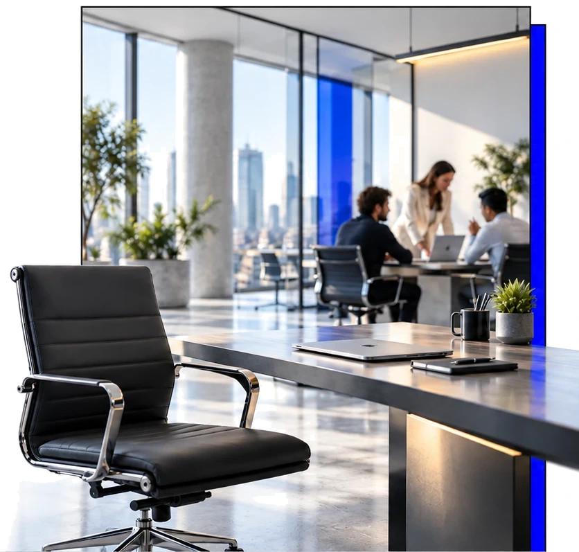 An empty office chair in front of a sales team working at a table in a bright office